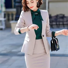 Для женщин офисная униформа, костюм Демисезонный тонкий моды с длинным рукавом одной кнопки блейзер и брюки набор Femininas Ds50392