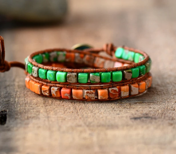 

New Leather Bracelets Square Natural Stones 2 Strands Weaving Wrap Bracelets Vintage Bohemia Beadwork Bracelet Dropshipping