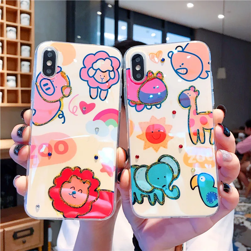 

Cute Cartoon Zoo phone case For iphone 6 6s 7 8 plus case for iphone X XS XR Max Cover Fashion Glitter Epoxy Silicone soft shell