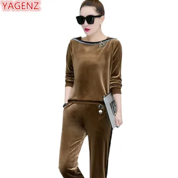 

YAGENZ Fashion Gold velvet Women Two Piece Set Tracksuit Top and pants Spring Autumn Dresses Plus size Casual Wild Sportswear511