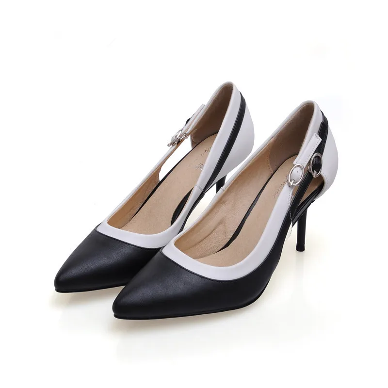 

Hot Sale 2017 Women High Heels Shoes Pointe Toe Thin Heel Wedding Party Shoes Joker Women Black white Color Pumps Plus size34-41