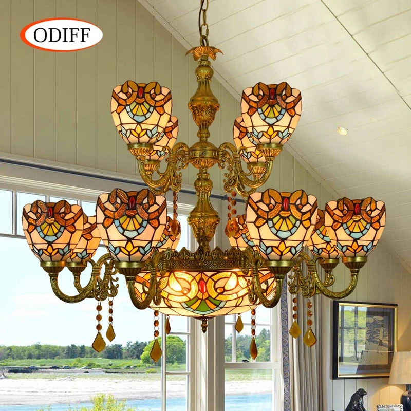 ODIFF Европейский стиль ретро креативный витражный барокк отель Гостиная вилла 12 Хрустальные подвесные светильники двухслойные 110-240 В
