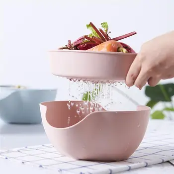 

Multi-functional Plastic Drain Basket Double Layer Fruit Washing Basket Kitchen Storage Strainer (Pink)