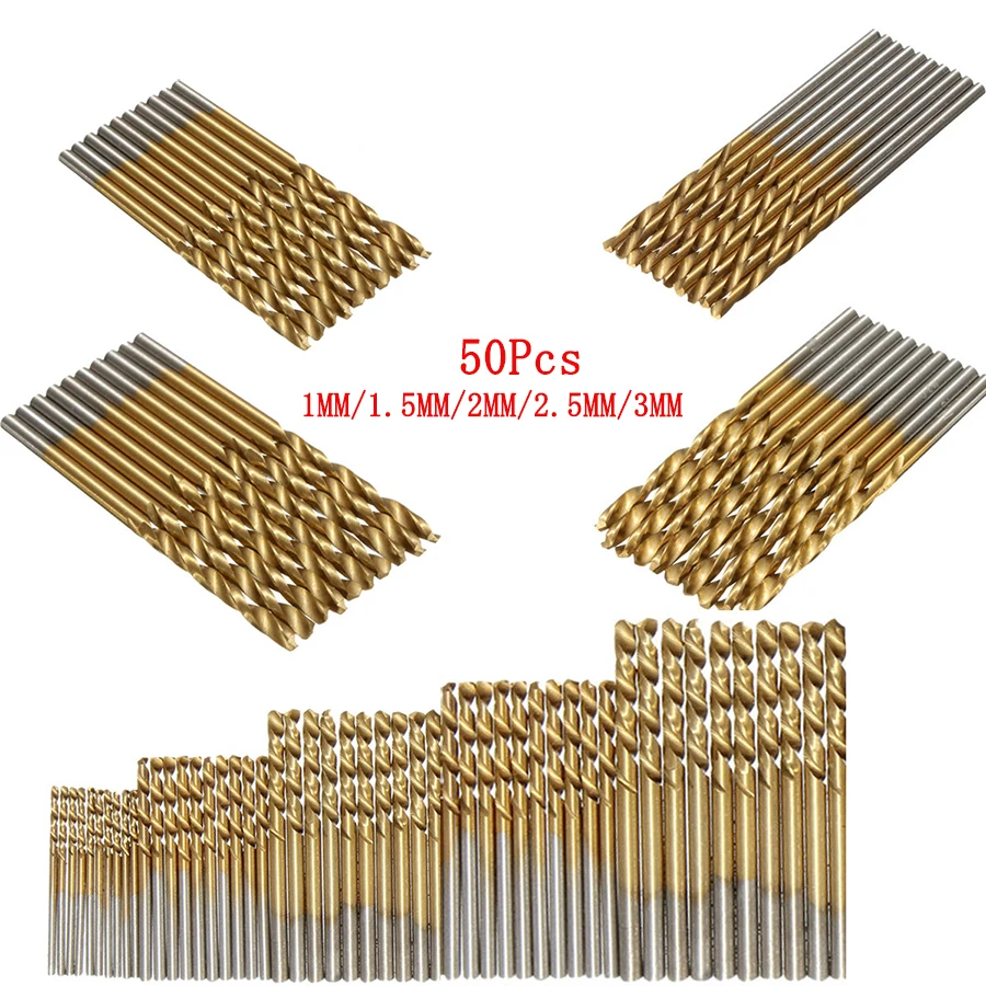 

50Pcs HSS Twist Drill Abrasive for Metal Titanium Coated Drill High Speed Steel Drill Bit Power Drilling Woodworking Hand Tool