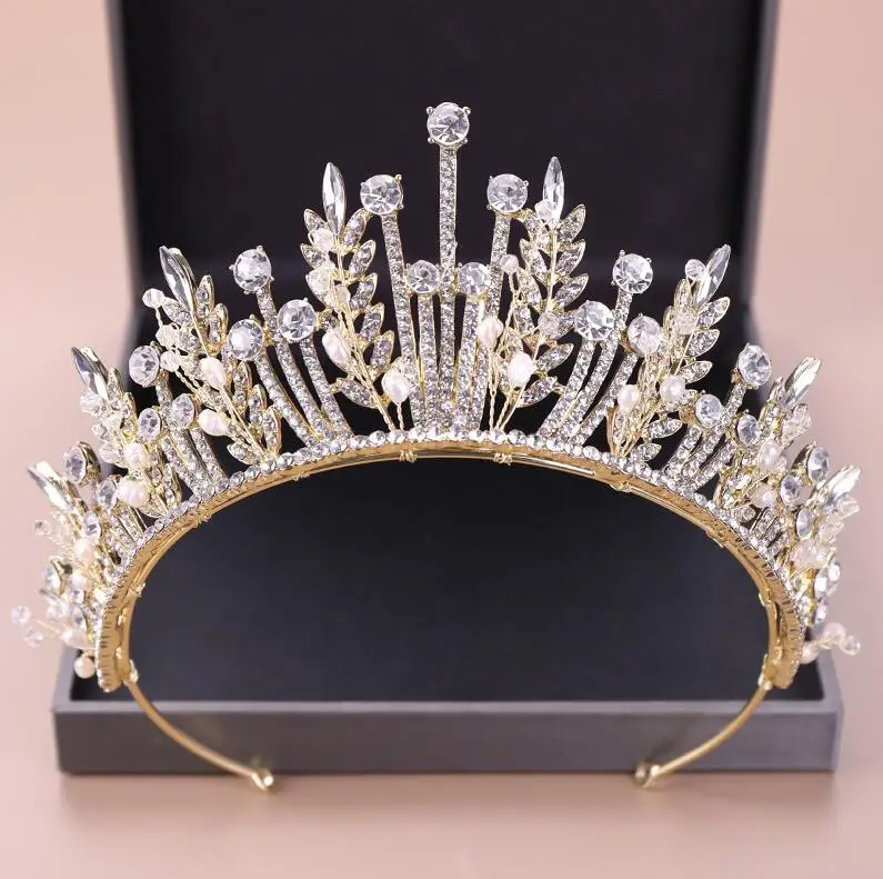 KMVEXO Роскошные Свадебные короны в стиле барокко с кристаллами и листьями, принцесса, королева, Театрализованная перламутровая вуаль, диадемы, повязка на голову, свадебные аксессуары для волос - Окраска металла: Gold