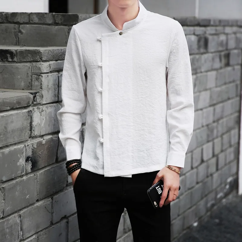 Helisopus модный мужской китайский костюм Тан мужская рубашка с длинными рукавами тонкая Ретро рубашка черные белые топы - Цвет: white