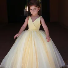 Арабское желтое бальное платье; Платья с цветочным узором для девочек; коллекция года; фатиновое платье с v-образным вырезом для первого причастия; пышное платье для маленьких девочек; Детские вечерние платья