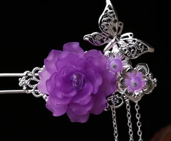 1 шт., модная винтажная Серебряная заколка с бабочками и цветами, головной убор ручной работы для женщин, свадебные украшения, китайский стиль, заколка для волос, подарок - Окраска металла: Purple Color