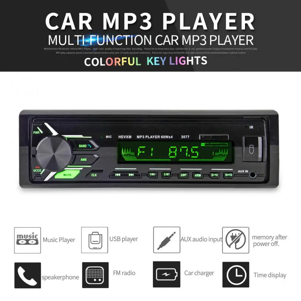 

12V 1 DIN Bluetooth 7 Color Light Car Stereo FM Radio MP3 Audio Player Support Hands-free Calls Aux Input / SD / USB / MP3