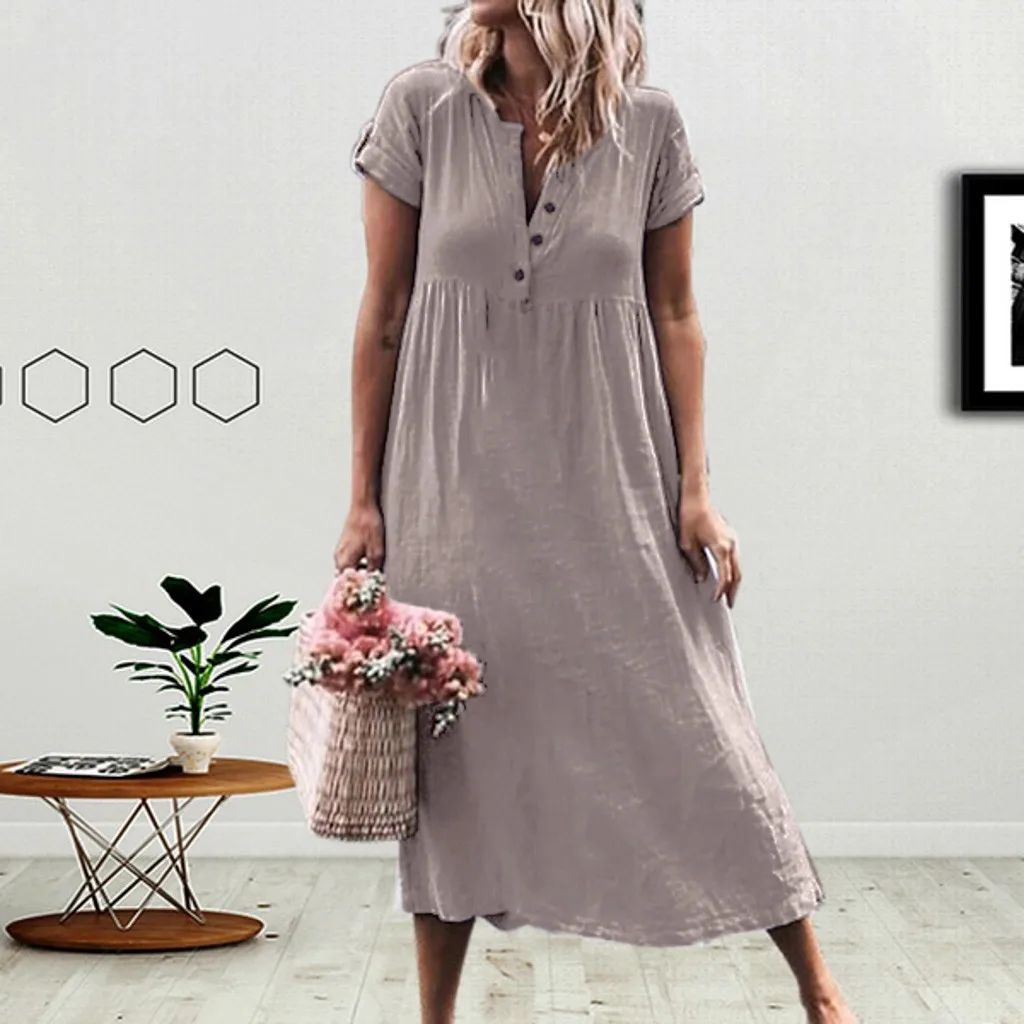 

Plus Size Fashion Summer Buttons Linen Long Dress Solid Loose Dress Sundress Women's Casual Beach Party Dress Vestido de festa