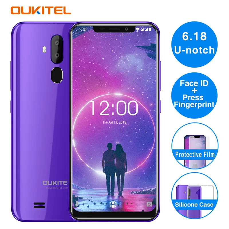 OUKITEL C12 Face ID 6,1" 19:9 смартфон с отпечатком пальца Android 8,1 мобильный телефон MTK6580 четырехъядерный 2 Гб ОЗУ 16 Гб ПЗУ 3300 мАч разблокировка - Цвет: Фиолетовый