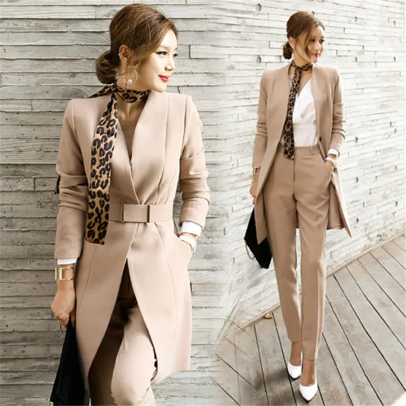 Деловой женский костюм из двух частей, деловой стиль, элегантный облегающий Длинный блейзер, брюки, два предмета в комплекте, 125