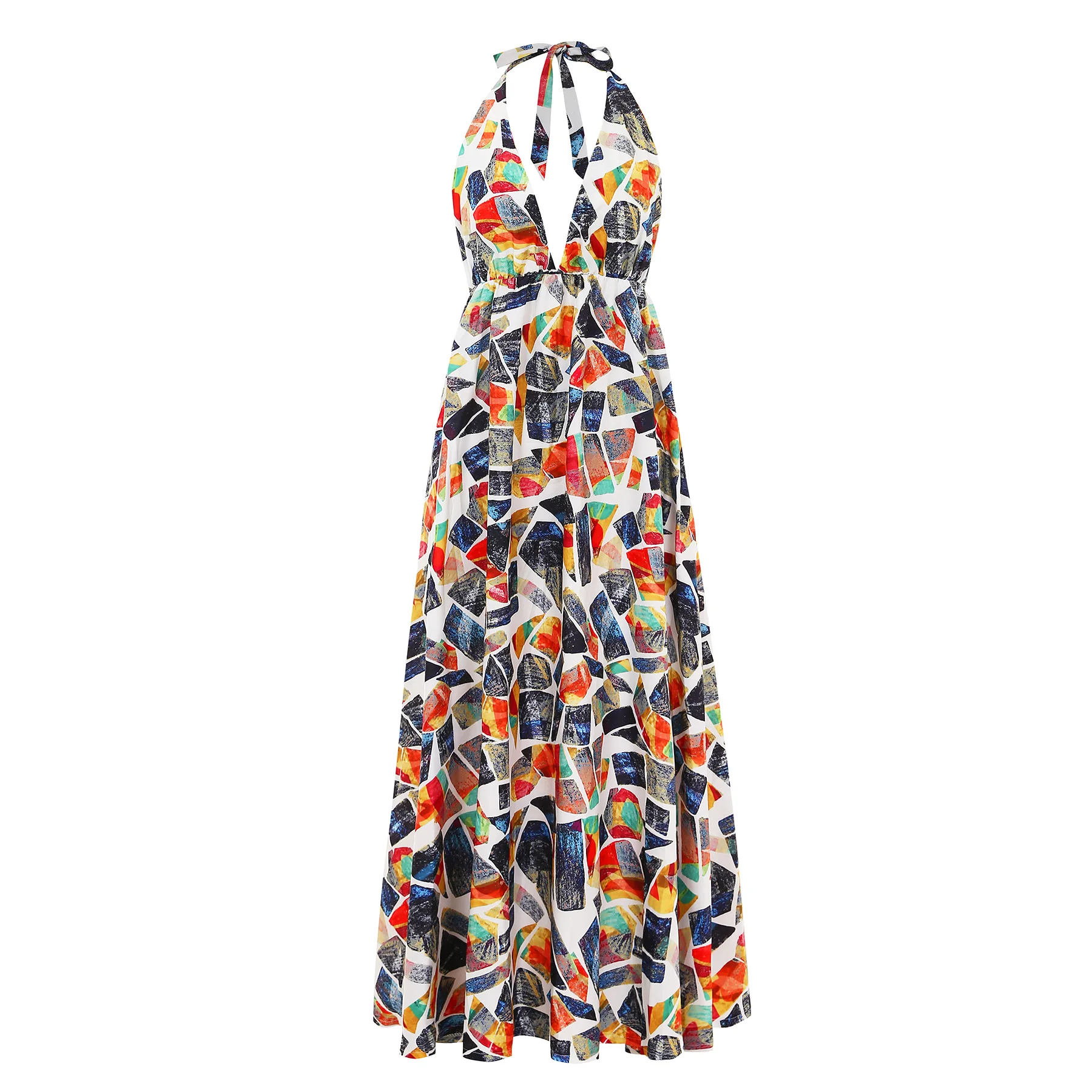 Boho женское летнее пляжное платье без рукавов с v-образным вырезом и цветочным принтом - Цвет: Многоцветный