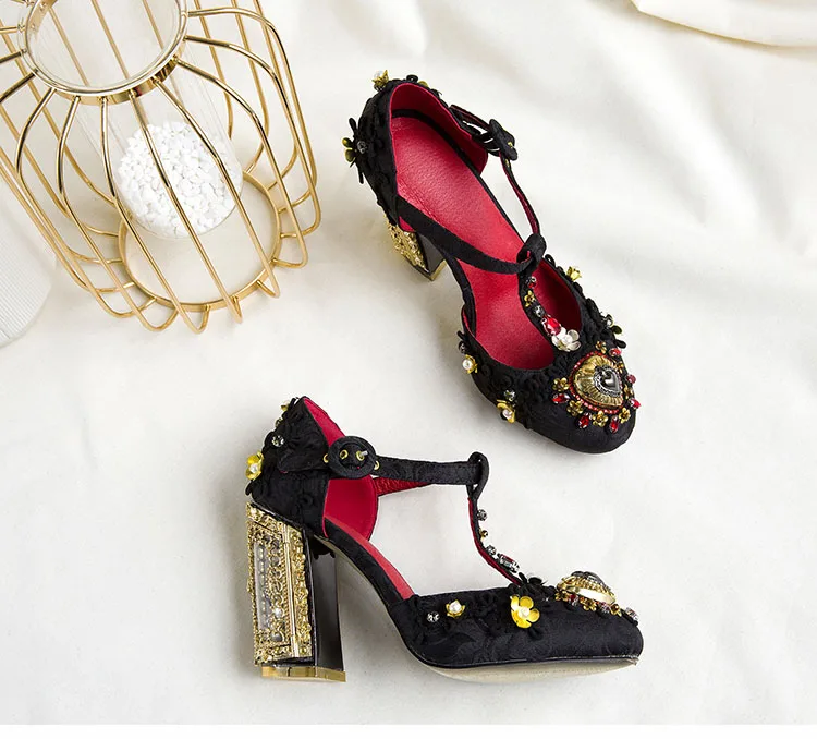 Phoentin/свадебные туфли с цветочным узором; коллекция года; роскошная дизайнерская обувь для женщин; прозрачные стразы; Открытый каблук; металлический Т-образный ремешок; вечерние туфли-лодочки; FT622