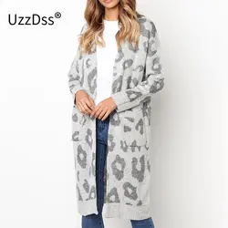 UZZDSS осень зима Леопардовый принт трикотажный длинный кардиган женский 2018 Повседневный стиль карман Открытый стежок свитер Топы Верхняя