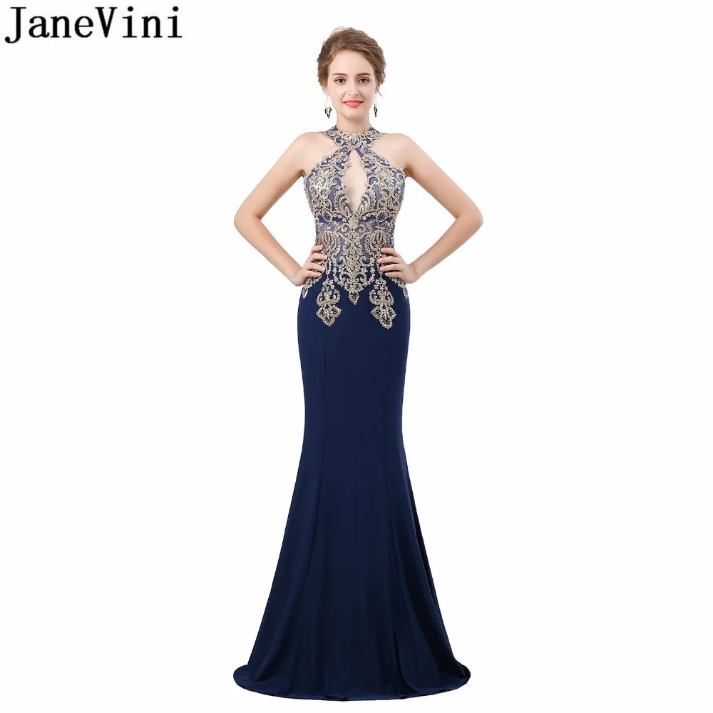 JaneVini Сексуальная Русалка Вечерние вышитое бисером платье для выпускного вечера темно-синее длинное платье подружки невесты для женщин