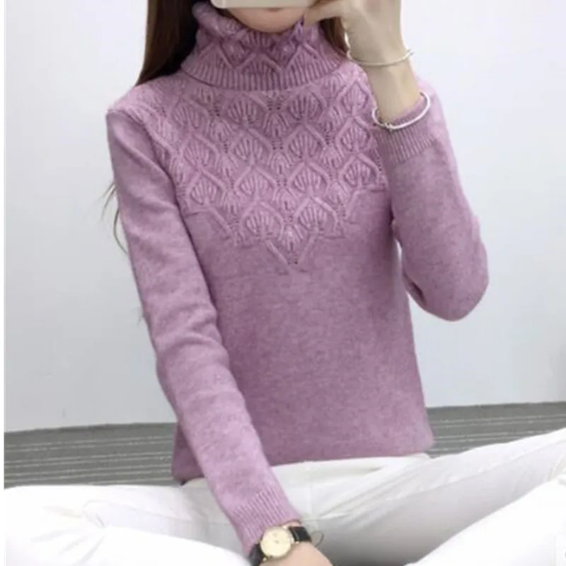 Осенне-зимний свитер с высоким воротником Женский пуловер-стретч с длинным рукавом свитер женская одежда вязаный однотонный теплый топ G798 - Цвет: purple