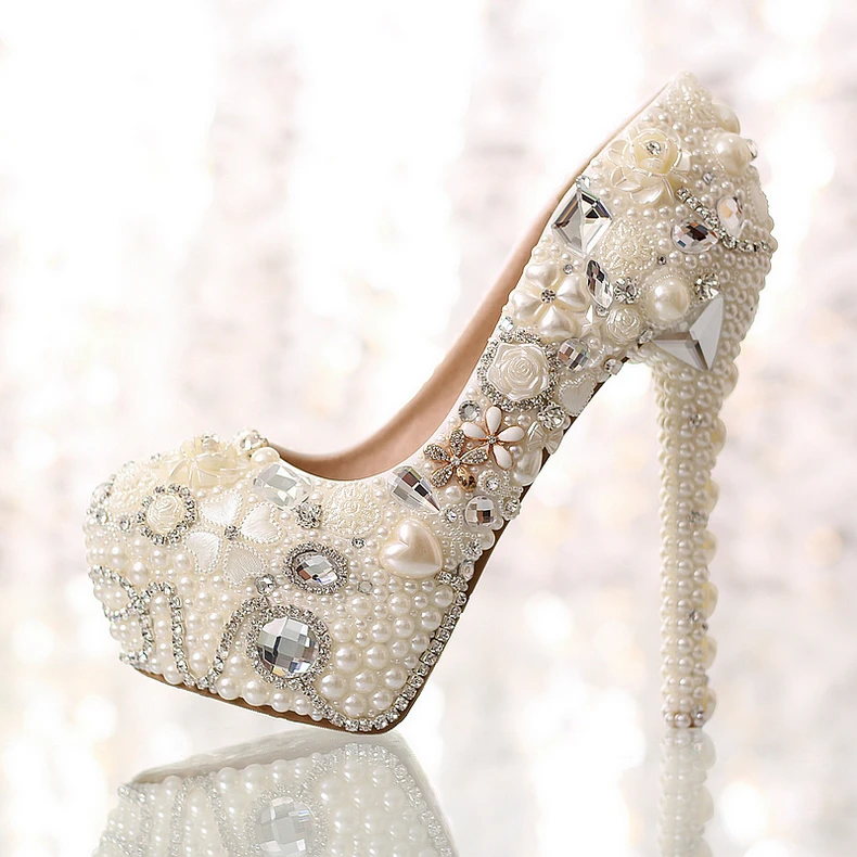 Pearl Wedding Shoes Women Rhinestone Cheap Bridal Shoes White