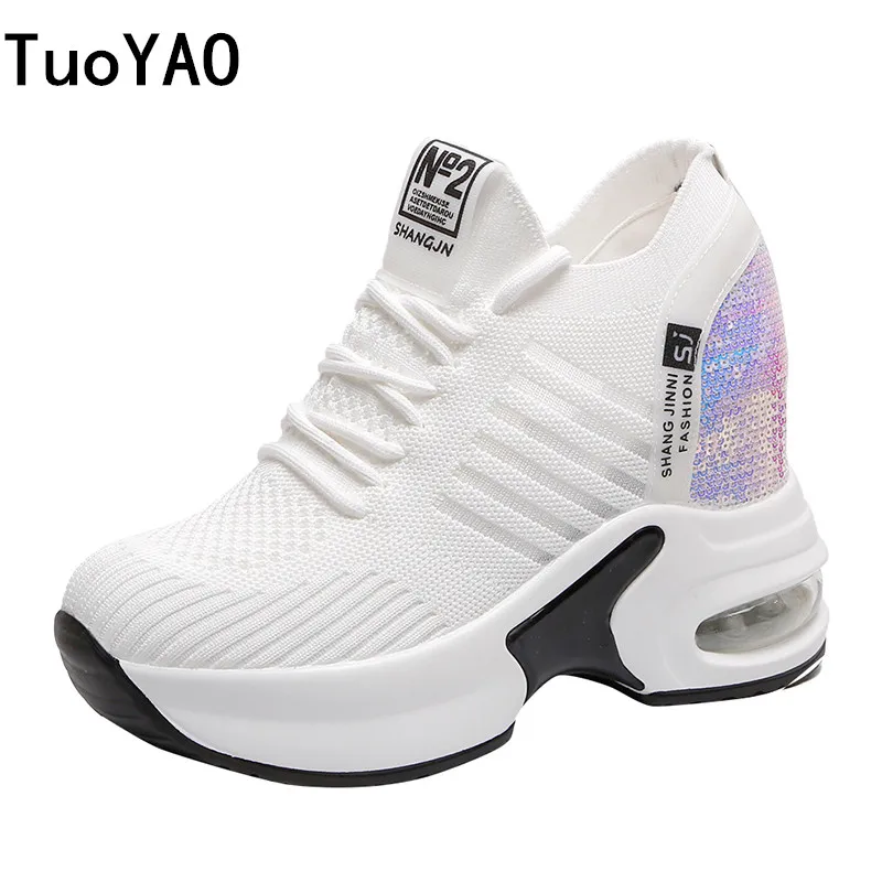 

2019 Women Sneakers Mesh Casual Platform Trainers White Shoes 8.5CM Heels Spring Wedges Breathable Woman Height Increasing Shoes