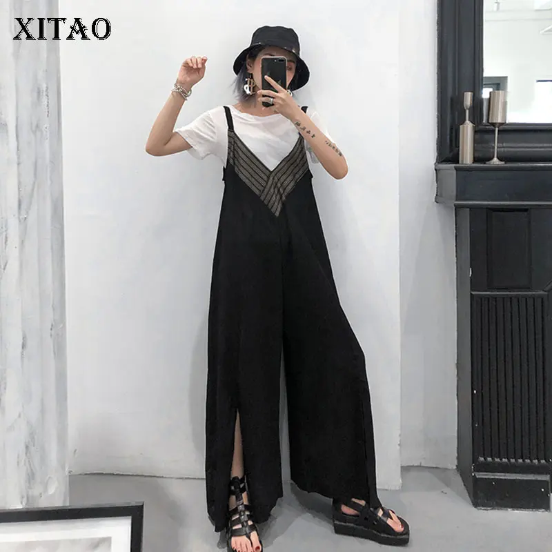 

XITAO Plus Size Striped Split Women Jumpsuits Patchwork Strapless Patchwork Perspective Full Length Cotton Linen New ZLL3607