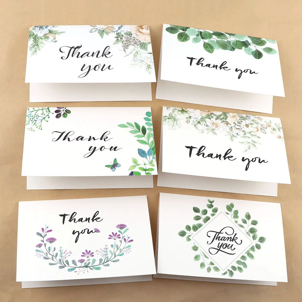  Random 6Pcs Thank You And Green Series Flowers Card Invitations Leave Message Greeting Card For Wed - 32934595696