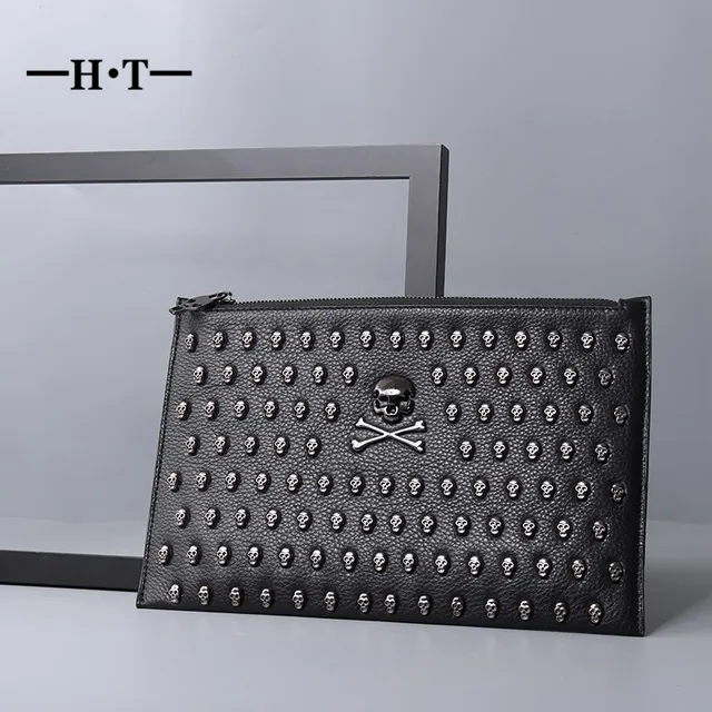 ht mens genuine leather clutch wallet long envelope bag halloween skull clutch casual man bag black