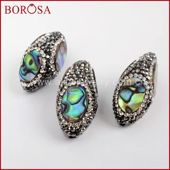 

BOROSA 10pcs Oval Shape Abalone Shell Beads Pave Rhinestone Crystal Zircon Fashion Bead for DIY Earrings/Bracelet Jewelry JAB901