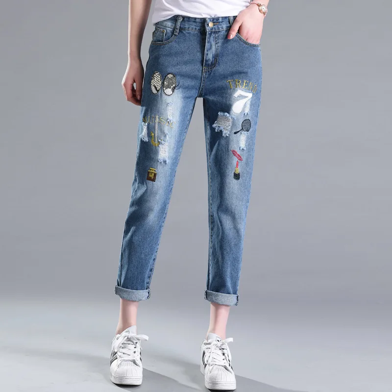 Новые летние женские манжеты до щиколотки синие джинсы Студенческая вышивка свободные женские бойфренды шаровары джинсовые женские брюки