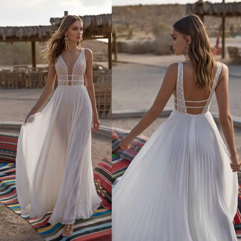 

2019 Bohemian Wedding Dresses Sexy V-Neck Backless Chiffon Bridal Gowns Beach A-Line Wedding Dress Robe De Mariee