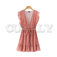 CUERLY women sexy dot ruffled mini dress 2019 deep V neck bow tie sashes sleeveless side zipper female stylish dresses vestido stylish plunging neck sleeveless checked women s mini dress