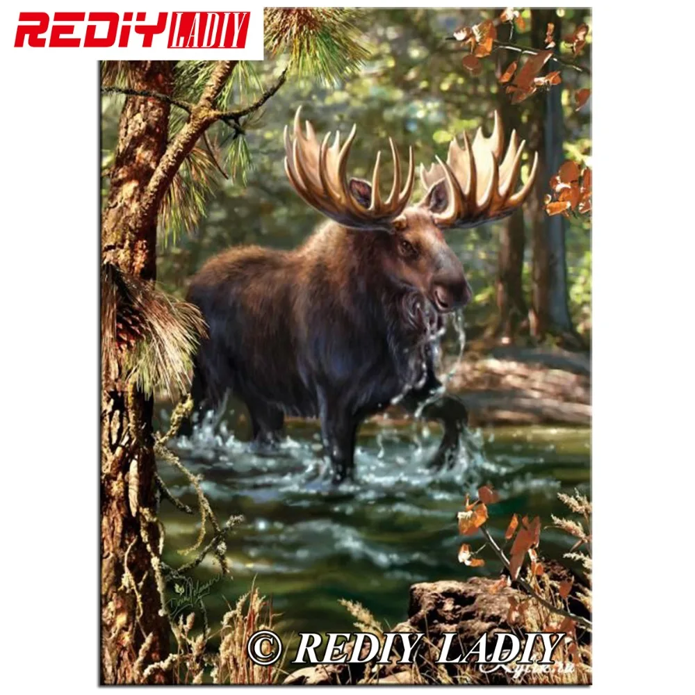 

REDIY LADIY Diamond Embroidery Elk Deer Forest Lake Diamond Mosaic Full Square Diamond Painting Cross Stitch Rhinestones Pattern