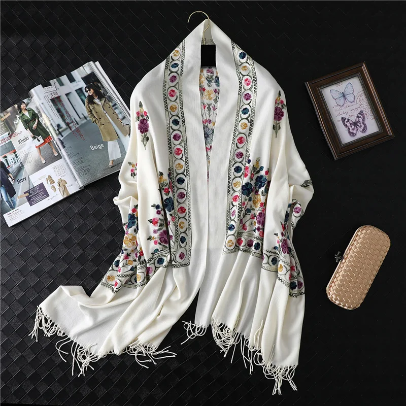 Дизайнерский брендовый женский шарф, зимние кашемировые шарфы с вышивкой, женские шали и накидки, женское одеяло, Пашмина, платок для женщин - Цвет: Rice white