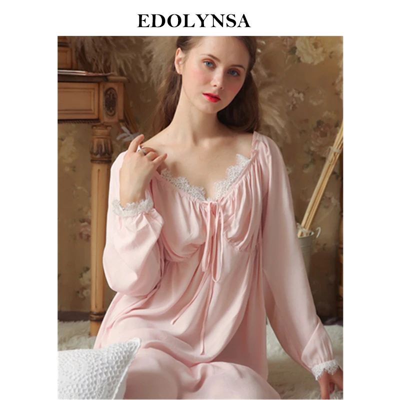 

Sexy V Neck Lace Lingerie Night Dress Long Sleeve Vintage Cotton Nightgown Autumn Women Sleepwear Home Wear Sleep Shirt H769