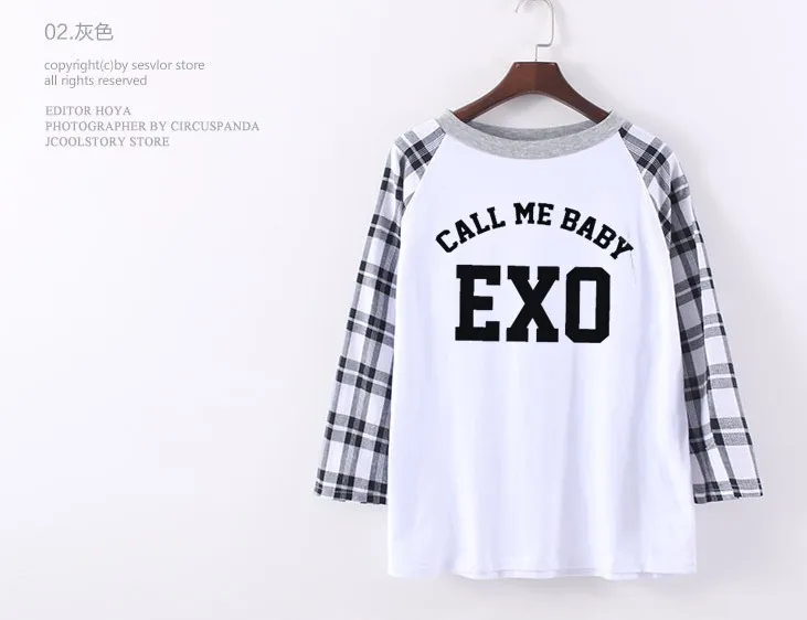 EXO kpop DO одежда клетчатые рукава реглан круглый вырез толстовки k pop exo рубашка с