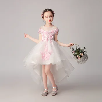 

Royal Princess Dress Beading Tassel Flower Girl Dresses Wedding Short Front Long Back Appliques Girls Holy Communion Dress B436