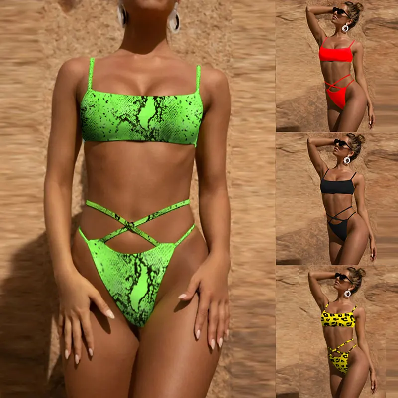 

Multi Color Solid Sexy Bandage High Cut Bandeau Bikini Leopard Snake Skin Swimsuit Up Padded Women Bathing suit thong Swimwear