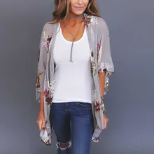 Floral Kimono Chiffon Cardigan Three Quarter Butterfly Sleeve Ruffled Summer Women Asymmetric Shirts Blouses