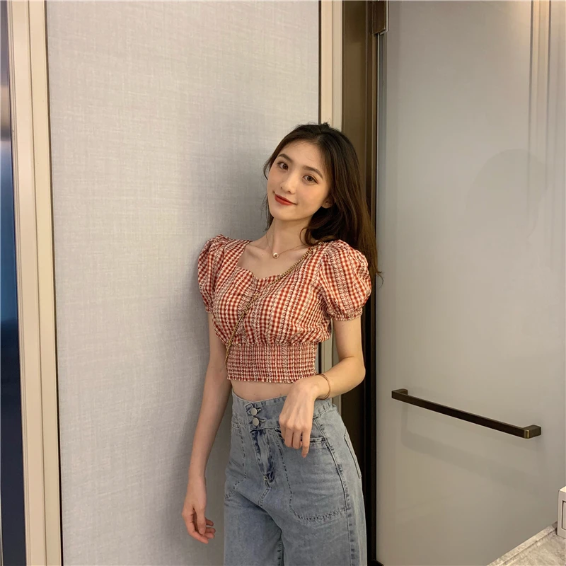 

summer new Korean style fashion brand sweet crop tops puff sleeve plaid square collar Blouses Shirts Women's Clothing modis hot