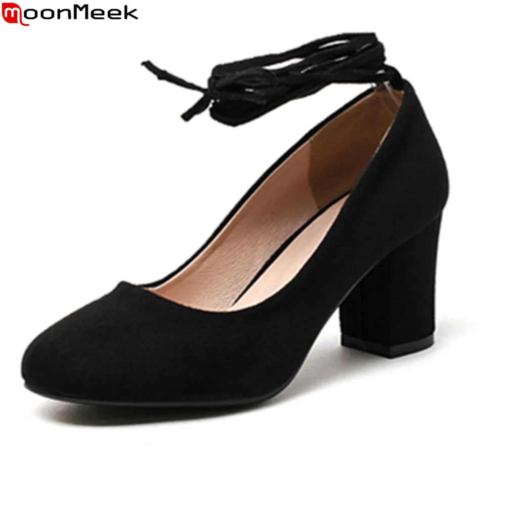 

MoonMeek 2020 summer spring round oe with buckle high heels women pumps square heel flock casual dress women shoes