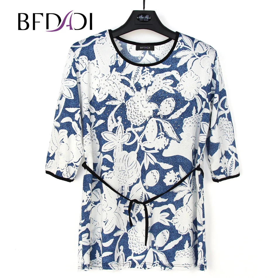

BFDADI Women Shirt 2017 Fashion printing Casual 3/4 Sleeve Loose String belt Long Tops Ladied Clothes Plus size 7800