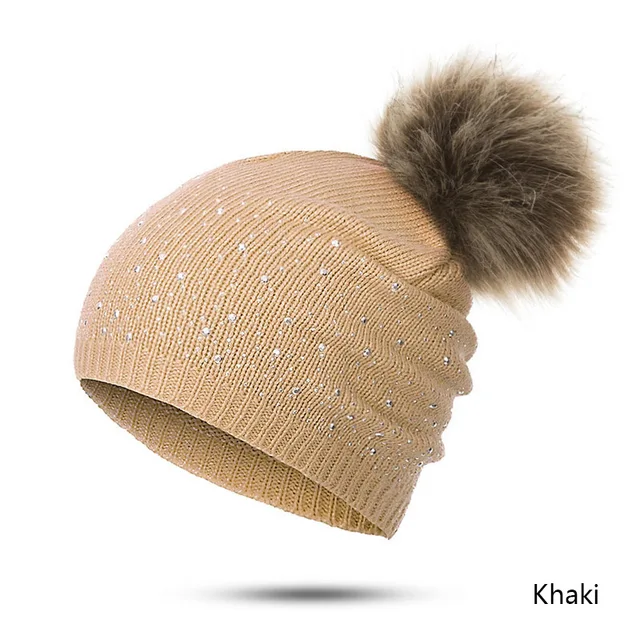 URDIAMOND Winter Hat Women Cute Hot Selling Casual Solid Drilling ball Cap Warm Faux Fur Pom Pom Ball Girl 's Hat