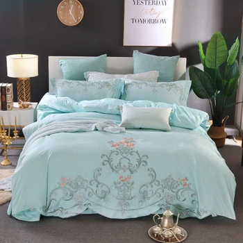 

Elegant embroidery Bedding Set green pink jacquard Duvet Cover Set Queen King Size 4pcs Bedclothes