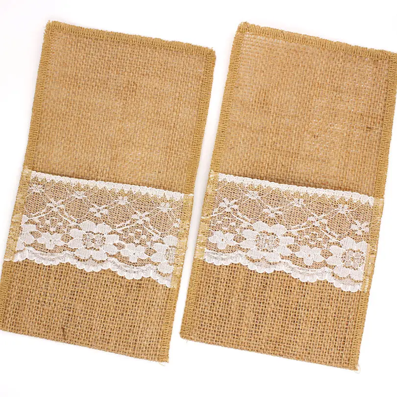 1PCS vintage Jute Hessian Burlap Linen lace Cutlery Pouch Rustic Wedding decoration Party Birthday Tableware Supplies Holder Bag