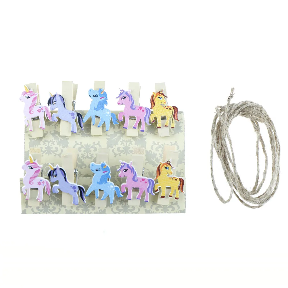 

Cartoon Unicorn Wooden Clip Photo Paper Clothespin Craft Clips Party Decoration Clip With Hemp Rope 10 Pcs/lot