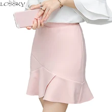 LOSSKY летние сексуальные шифоновые юбки с оборками Женские миди с высокой талией стрейч тонкий повседневный розовый офисный костюм Фасонная юбка