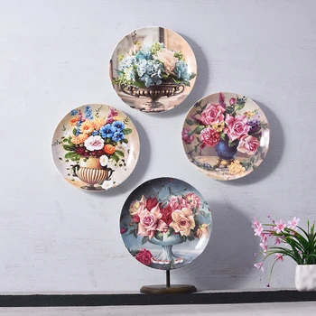 

European Style Palace Wall Dish Decor Flowers Pattern Ceramic Porcelain Wall Hanging Round Plate Living Room Adornment R1644
