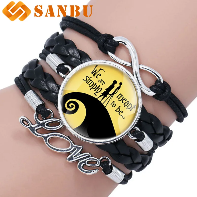 

The Nightmare Before Christmas Jack Skellington Tim Burton Movie Glass Cabochon Weave Bracelet Charm Men Women Leather Bangle
