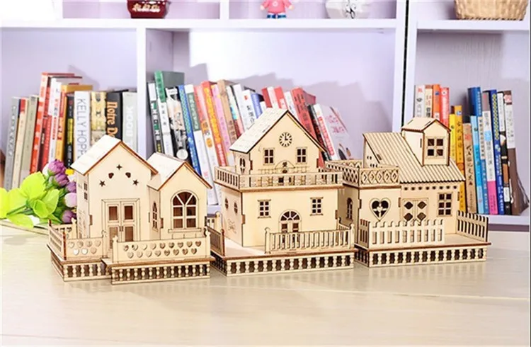 Деревянный светодиодный дом статуэтки, украшение светильник дом модель миниатюрный настольная лампа для украшения дома и офиса, аксессуары для детей игрушки подарки