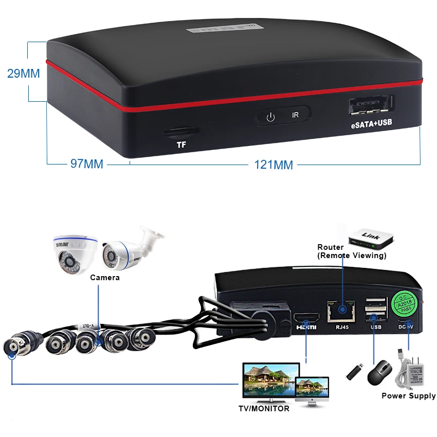  Smar 4CH 1080N 5 in 1 AHD DVR Kit CCTV System 2PCS 720P/1080P AHD Camera Indoor Outdoor Day & Night - 32913404939