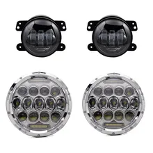 Pair 7 Inch Round Led Headlights Projector Lens With DRL Hi/lo Beam + 2pcs 4″ Inch Led Fog Lamps For Jeep Wrangler Front Bumper
